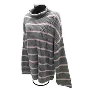 Caslon Womens Small Sweater Gray Pink Stripe Mock Neck Chunky Knit NWT